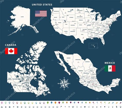 Mapas De Canadá Estados Unidos Y México Con Banderas E Iconos Location
