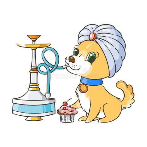 Happy Golden Cartoon Puppy Smoking Hookah In Turban Cute Little Dog