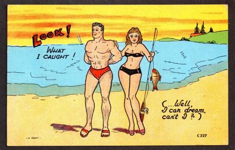 1940s 1950s Linen Postcard ~ Humor Comic Risque Look What I Caught
