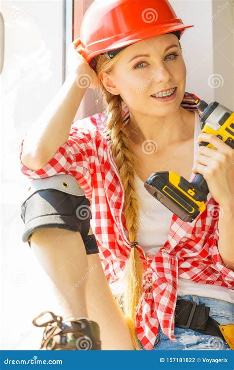 Woman Using Drill To Fix Or Installing Windows Stock Photo Image Of