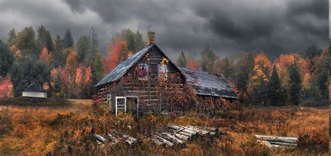 Nature Landscape Cabin Dry Grass Forest Fall Clouds Hansel And