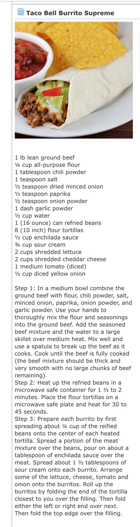 These are just two of the most popular dishes at taco bell, of course. Taco Bell Burrito Supreme | Sherry recipes, Mexican food ...