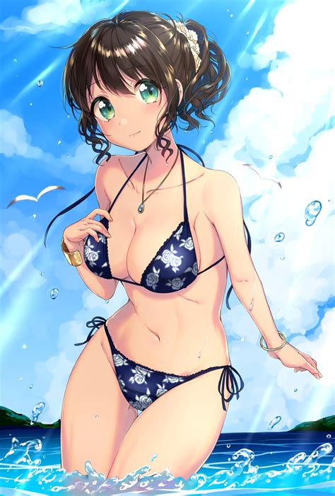 Wallpaper Sea Anime Girls Water Short Hair Green Eyes Black Hair