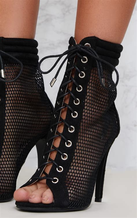 Black Lace Up Mesh Peep Toe Boot Prettylittlething Aus