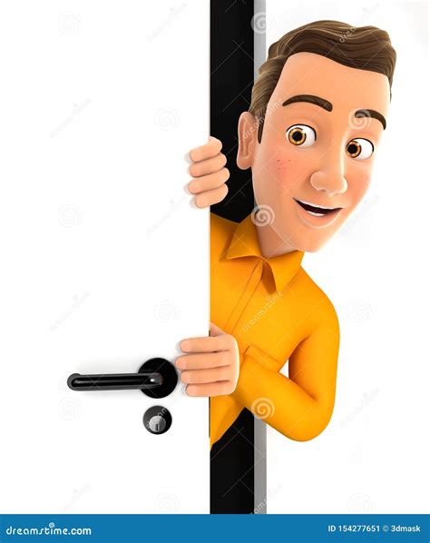3d Man Peeking Behind A Door Stock Illustration Illustration Of Curious Render 154277651
