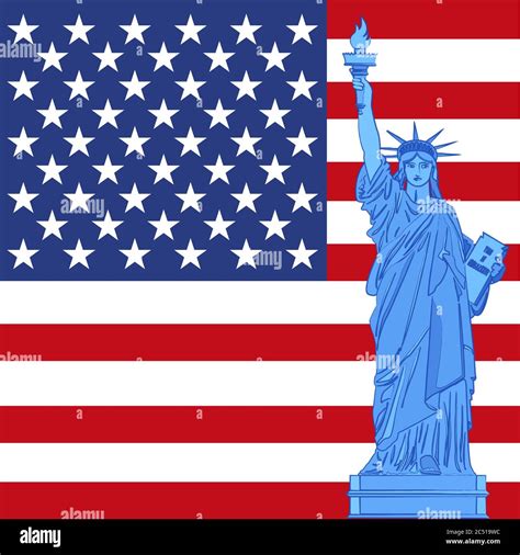 Statue Of Liberty On Background With American Flag United States