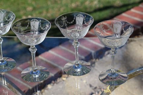 5 Vintage Etched Cocktail ~ Martini Glasses Set Of 5 Heisey Renaissance Circa 1920 S