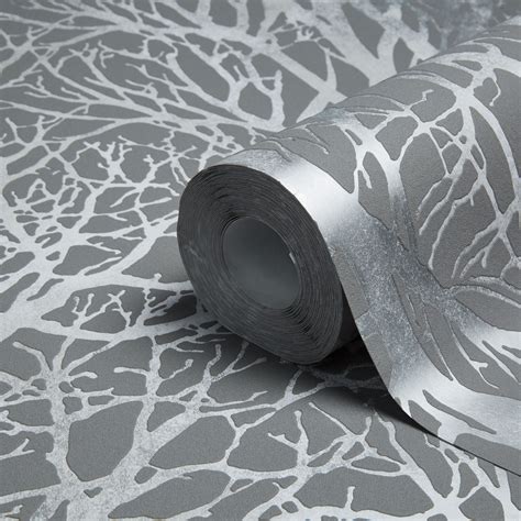 Life Tree Print Grey And Silver Metallic Wallpaper Departments Diy At