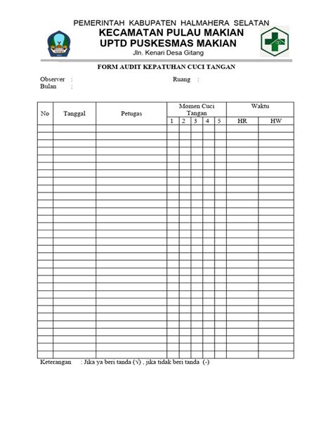 Form Audit Kepatuhan Cuci Tangan Puskesmas Makian 1 Pdf