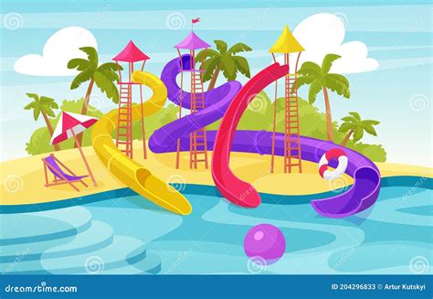 Water Amusement Park Cartoon Aquapark Summer Resort With Waterslides
