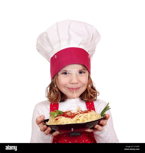 Little Girl Cook Eat Spaghetti Stock Photo Alamy