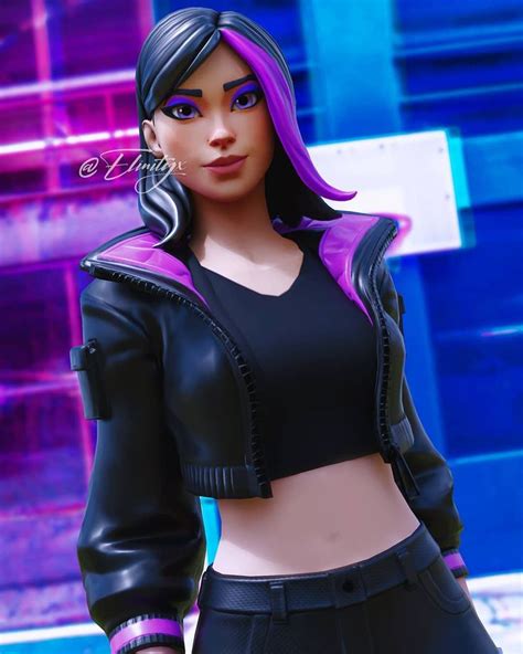 An Animated Woman With Purple Hair And Black Top Standing In Front Of A