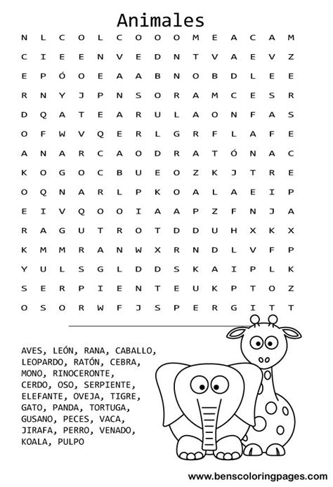 Free Animals Word Search In Spanish