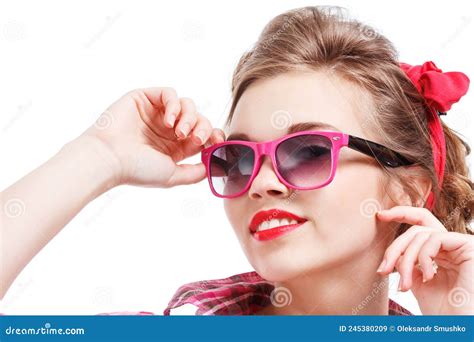 Coquettish Girl In Silk Dress And Glasses Licks Her Finger And Holds Martini Stock Image Image