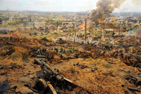 the cyclorama of the battle of taejon uses a mix of actual war relics in front of a 360 degree