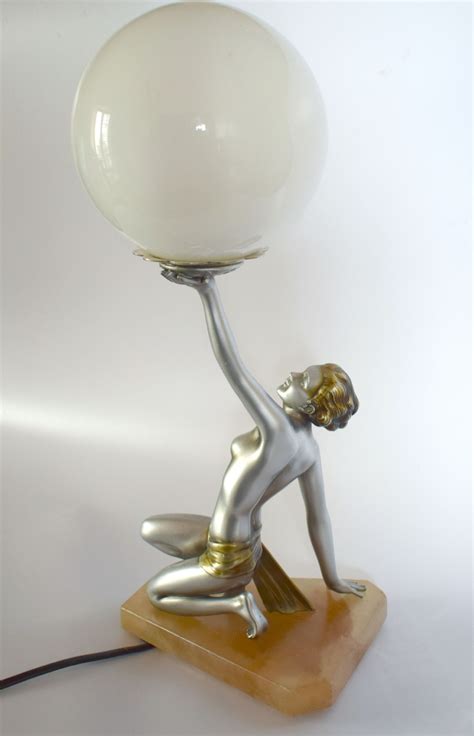 Original Art Deco Cold Painted Spelter Lady Figural Lamp By Lorenzl