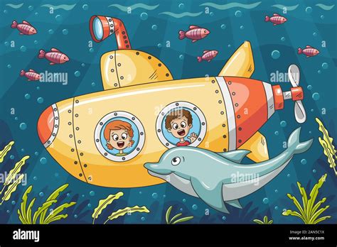 Los Niños En Un Submarino Explorar El Mundo Submarino Ilustración