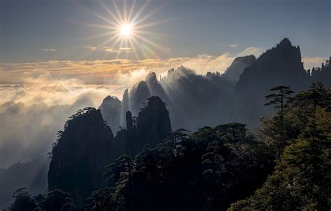 Wallpaper The Sun Clouds Trees Mountains Sunrise Dawn China