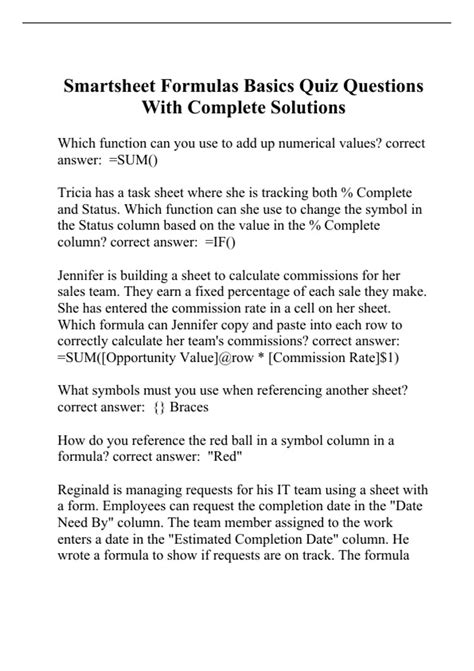 Smartsheet Formulas Basics Quiz Questions With Complete Solutions