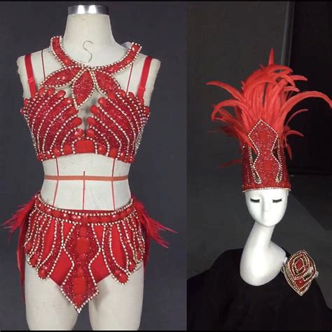 Red Shiny Rhinestone Feather Female Singer Dj Ds Costumes Sexy Bikini Suits Nightclub Bar Dance