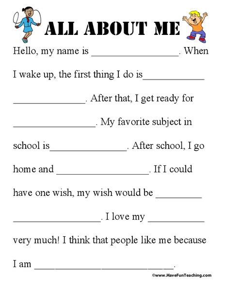 All about me worksheet to practice personal introductions: All About Me Worksheet for 1st - 2nd Grade | Lesson Planet