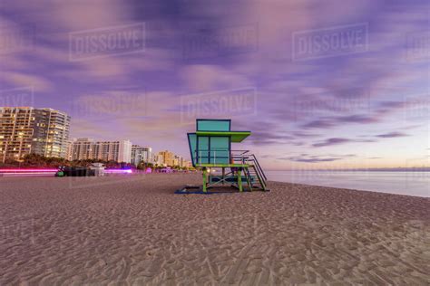 Usa Florida Miami Lifeguard Hut On Beach At Dusk Stock Photo