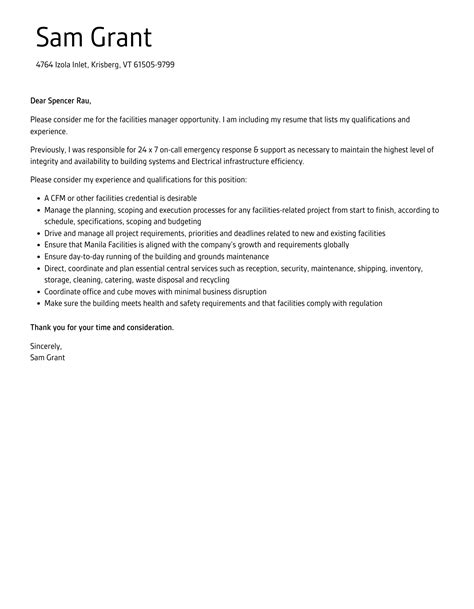 Facilities Manager Cover Letter Velvet Jobs