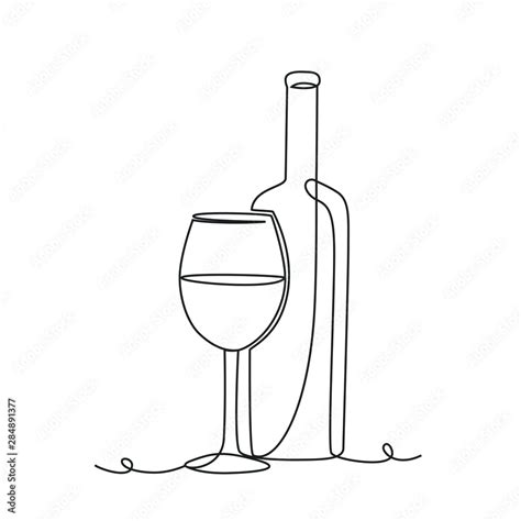 Wine Bottle And Glass One Line Drawing On White Isolated Background