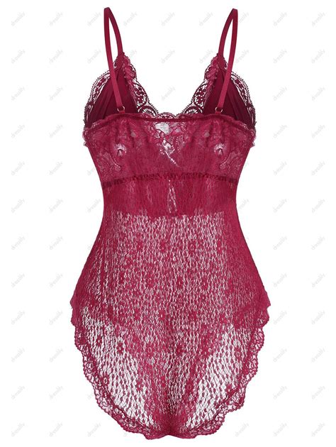 29 Off 2020 Plus Size Sheer Lace Snap Crotch Teddy In Deep Red Dresslily