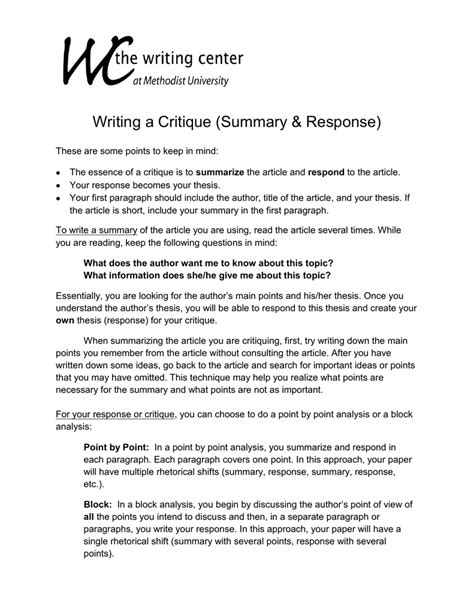 Below is a collection of strong (and exceptionally strong) response papers from students. Writing a Critique (Summary & Response)