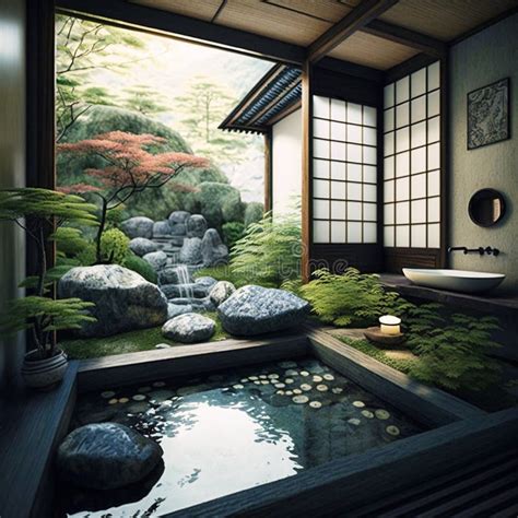 Beautiful Japanese Bath Room Interior With A Zen Generative Ai Stock