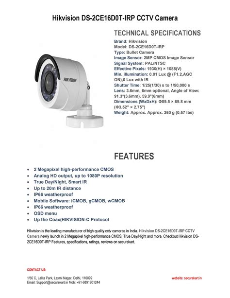 Specifications Of Hikvision Ds 2ce16d0t Irp Cctv Camera By Securekart