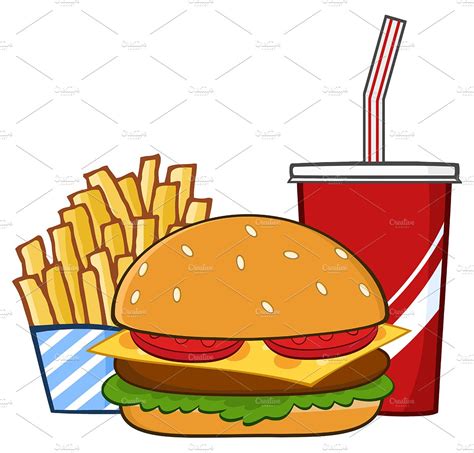 Teenager drawing and drinking something at wooden table. Fast Food Hamburger And French Fries ~ Illustrations ...