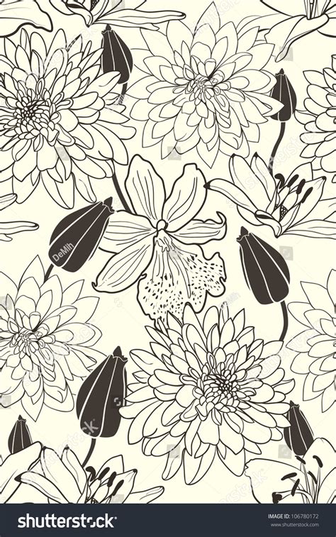 Monochrome Floral Wallpaper Seamless Hand Drawn Flowers Stock Vector