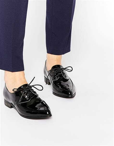 Image 1 Of Daisy Street Black Slim Lace Up Flat Shoes Latest Fashion