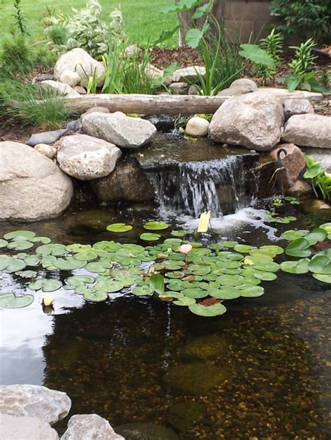 Discover the benefits of a backyard waterfall and get design ideas. Minnesota. Small backyard pond with a waterfall and a bog ...