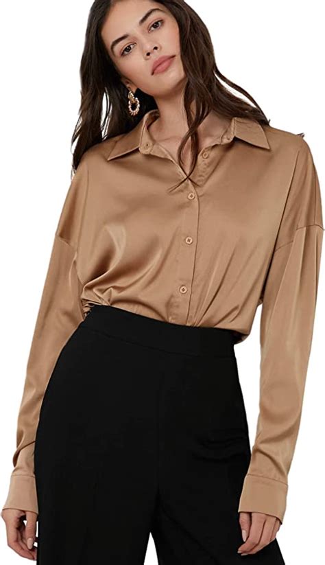 Buy Shein Womens Long Sleeve Satin Blouse Button Solid Drop Shoulder