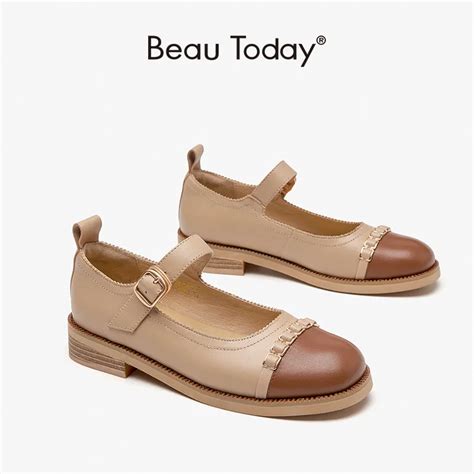 Beautoday Mary Jane Shoes Women Genuine Cow Leather Round Toe Metal