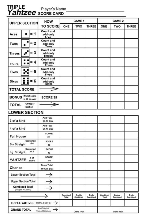 Triple Yahtzee Printable Score Sheet