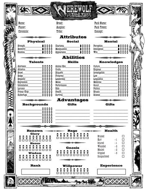 Werewolf The Wild West 2 Page Sheet Mrgones Character Sheets