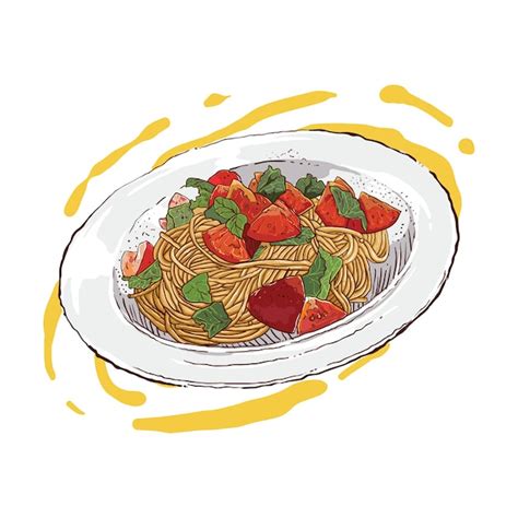 Premium Vector Hand Drawing Of Spaghetti And Vegetable And Meat Topping