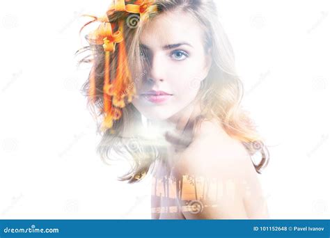 Double Exposure Portrait Of Beautiful Woman Sunset Sea And Flowers