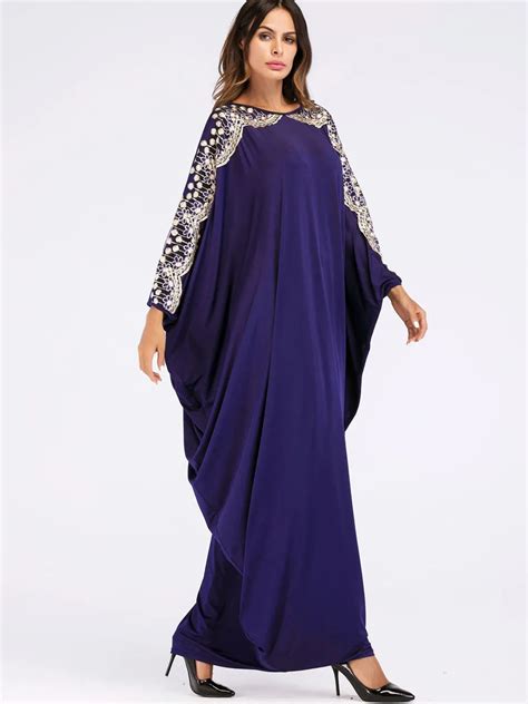 Muslim Dress Batwing Abaya Sequin Patchwork Sleeve Women Caftan Long