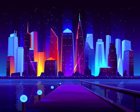 Free Vector Future Metropolis Seafront With Illuminating Neon Colors
