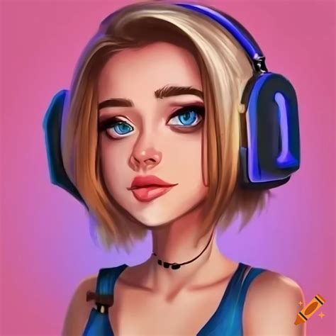 Caricature Of A Blonde Girl With Blue Eyes And Gaming Headphones