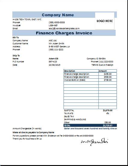 ms excel finance charge invoice template word excel