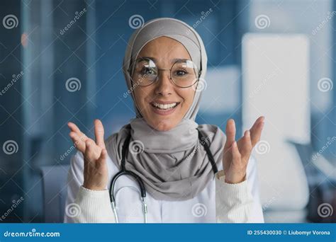 Webcam View Arab Female Doctor In Hijab Smiling And Talking On Video Call Pediatrician Talking
