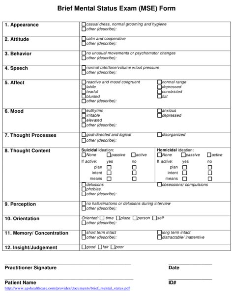 Brief Mental Status Exam Mse Form Download Printable Pdf Templateroller