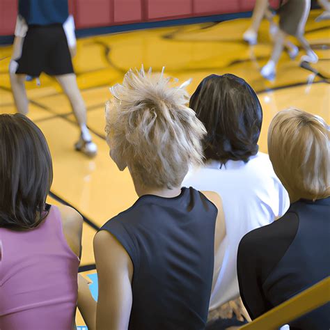 Four Thirtysomething Lesbians On Bleachers In A Gymnasium Watching A Mens Basketball Game