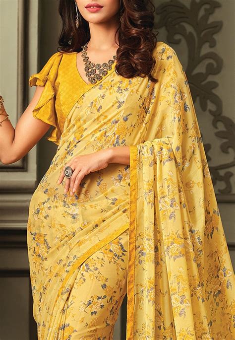 Printed Georgette Saree In Yellow New Saree Blouse Designs Simple